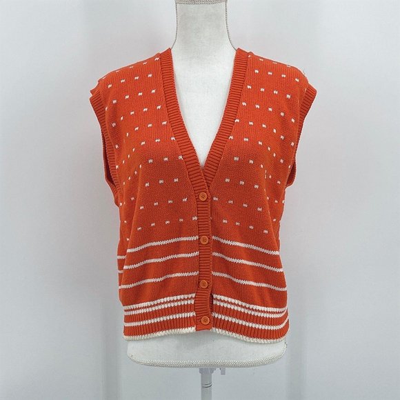 Vintage Sweaters - Vintage 70s Villager Orange White Knit Button Vest